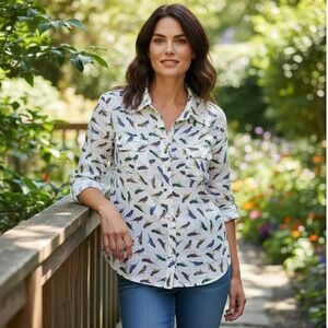 Milly NY Shirt Blouse‎ Top 12 Womens White Bird Print Silk Rayon Button-Up Sheer